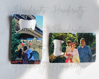 Personalized photo bottle opener, custom photo stainless steel bottle opener, double sided printed bottle opener, credit card bottle opener.