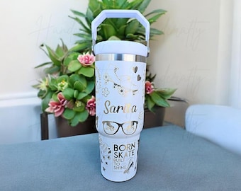 Personalized laser engraved skater flip straw insulated tumbler, Skating coach insulated tumbler cup, ice skater tumbler, roller derby cup