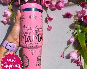 Personalized MOM, MAMA full wrap insulated flip straw stainless steel  laser engraved tumbler cup, personalized mom cup, Mom travel tumbler