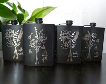 Birth flower personalized stainless steel flask, monogram custom flask, Bridesmaid flask, Groomsmen flask, Girls trip flask, Guys trip flask