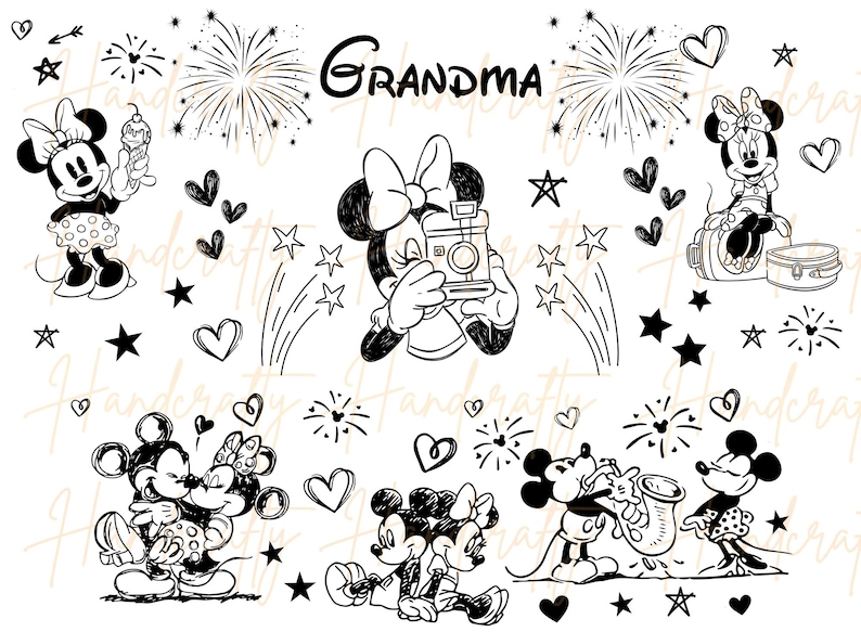 Puede incluir: Ilustraci&oacute;n en blanco y negro con Minnie y Mickey Mouse en varias poses, rodeados de corazones, estrellas y fuegos artificiales. La palabra "Abuela" est&aacute; escrita en cursiva. La imagen tiene un estilo dibujado a mano.