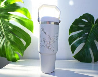 Personalized laser engraved Mother's day mom/grandma holding hands with up to 7 kids, mom & kids hands stainless steel tumbler and glass can