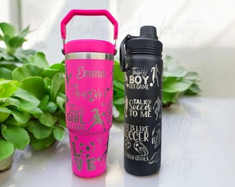 Personalized laser engraved soccer flip straw insulated tumbler, soccer coach insulated stainless steel tumbler, soccer team cup, soccer cup