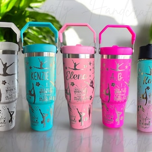 Personalized laser engraved gymnast flip straw insulated tumbler, gymnastics coach insulated stainless steel tumbler, Gymnastics team cup