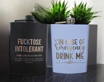 Funny Adult Humor Laser Engraved Stainless Steel 8oz Flask, Sarcastic Personalized Stainless Steel Flask, Fucktose Intolerant Custom flask