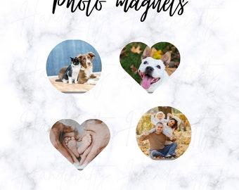 May include: Photo magnets with various images. One magnet features a cat and dog, another a dog with its tongue out, a third shows baby feet, and the last shows a family. The text "Photo magnets" is at the top.