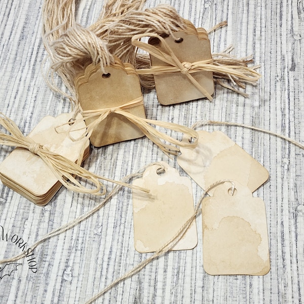 Tea dyed tags with strings, for Journals and crafts, distressed with a vintage look