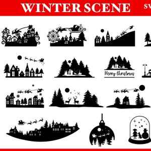Winter kersttafereel SVG, winters tafereel SVG, magische kersttafereel, kerstman rendier SVG, kerst Svg bundel, herten Svg, dennenboom Svg