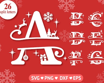 May include: White Christmas-themed split letters with decorative elements like reindeer, snowflakes, and Christmas trees on a red background. The image includes the text "26 split letters" and file type options: SVG, PNG, DXF, and EPS.