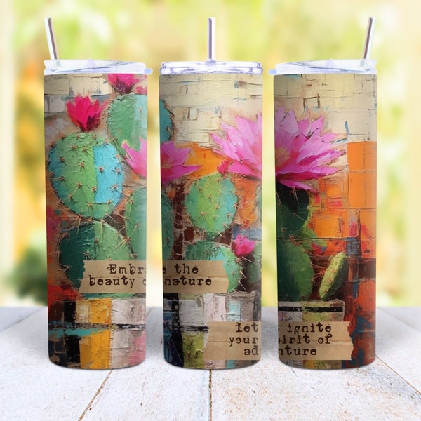 Cactus Tumbler 20oz TumblerWrap Mixedmedia Art Cactus Blooming Cactus Sublimation Design Tumbler Wrap Digital Download Instant Download PNG