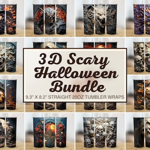 K&ouml;nnte beinhalten: Ein Set mit 10 geraden 20oz-Tumbler-Wraps (9,3" x 8,2") mit 3D-Halloween-Designs. Die Designs beinhalten Sch&auml;del, Monster und andere gruselige Bilder.