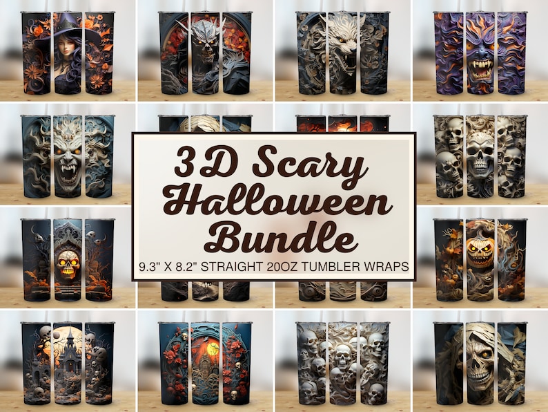 K&ouml;nnte beinhalten: Ein Set mit 10 geraden 20oz-Tumbler-Wraps (9,3" x 8,2") mit 3D-Halloween-Designs. Die Designs beinhalten Sch&auml;del, Monster und andere gruselige Bilder.