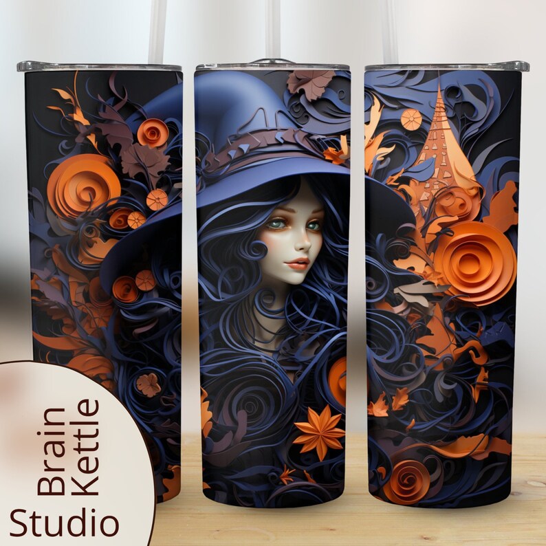 K&ouml;nnte beinhalten: Ein Set aus drei Edelstahl-Bechern mit einem Hexendesign. Die Becher zeigen eine Frau mit langen blauen Haaren, die einen blauen Hexenhut tr&auml;gt. Der Hintergrund ist ein wirbelndes Muster aus orangefarbenen und blauen Papierschnitten.