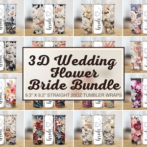 May include: Set of 12 sublimation designs for 9.3 inch by 8.2 inch straight 20 ounce tumblers. The designs feature 3D floral patterns with the word "bride" in a heart shape. The designs are perfect for weddings or bridal showers.