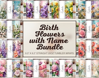 Birth Month Flower Tumbler Wraps, Floral Name Sublimation Designs Tumblers, 20oz Name Tumbler Bundle, Skinny Tumblers PNG Digital Download