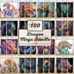May include: A set of 100 colourful dragon designs for 20oz straight tumblers. The designs feature dragons in various poses and colours, including red, blue, green, purple, and gold. The designs are perfect for adding a unique and personalised touch to your tumblers.