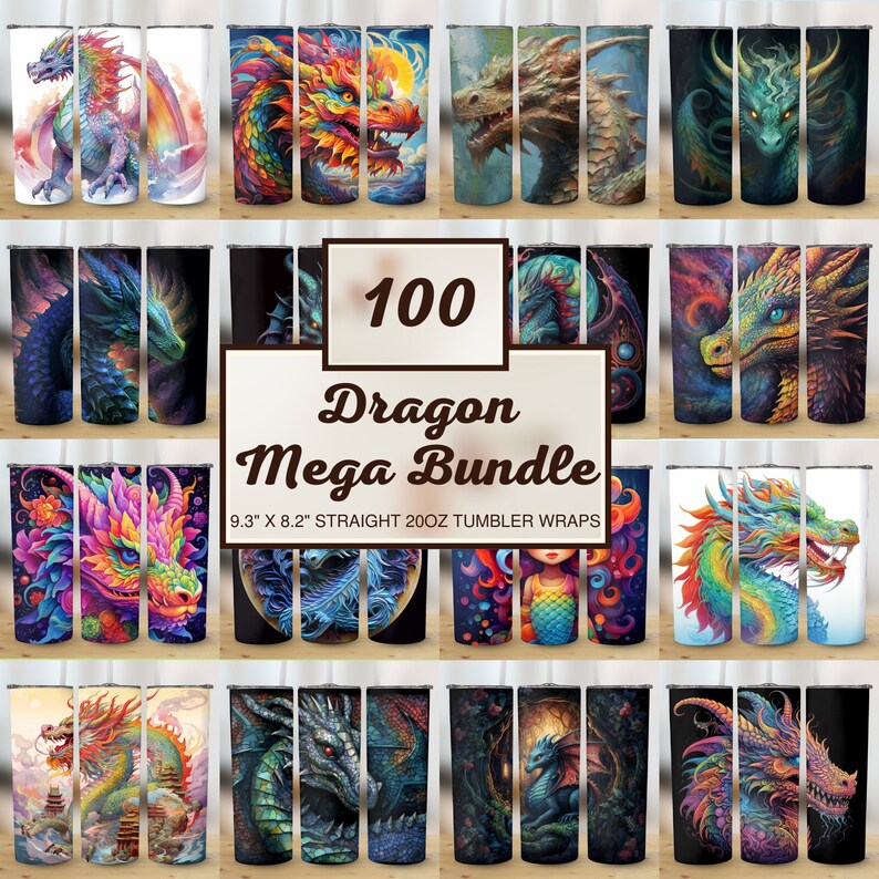 May include: A set of 100 colourful dragon designs for 20oz straight tumblers. The designs feature dragons in various poses and colours, including red, blue, green, purple, and gold. The designs are perfect for adding a unique and personalised touch to your tumblers.