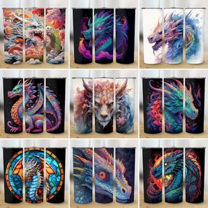 May include: Set of nine 20 oz stainless steel tumblers featuring a variety of dragon designs. The designs include a colourful dragon with wings spread, a dragon with a blue and green colour scheme, and a dragon with a white and blue colour scheme. The tumblers are ideal for everyday use.