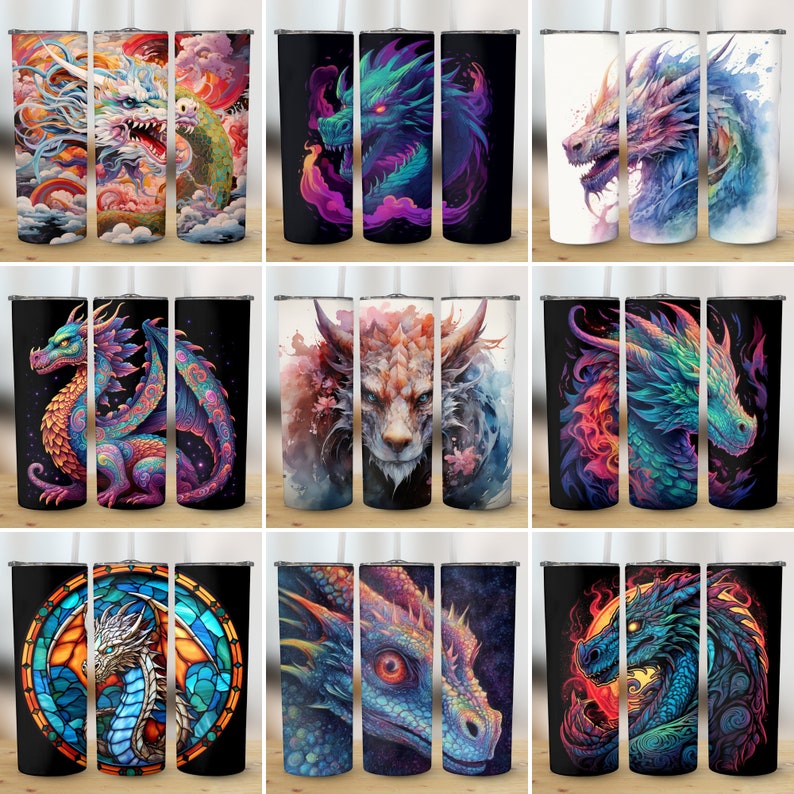 May include: Set of nine 20 oz stainless steel tumblers featuring a variety of dragon designs. The designs include a colourful dragon with wings spread, a dragon with a blue and green colour scheme, and a dragon with a white and blue colour scheme. The tumblers are ideal for everyday use.