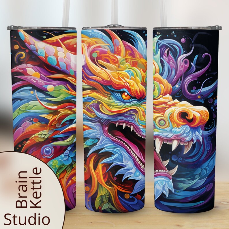 May include: A colourful, abstract dragon design on a black background. The dragon's head is facing the right side of the image. The design is a mix of bright colours, including red, orange, yellow, green, blue, purple, and pink. The dragon's eyes are a bright orange. This design is printed on a stainless steel tumbler.