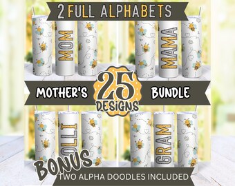 Mom Bundle Sublimation 20 oz Skinny Tumbler Sublimation Design Bundle Bee Tumbler Wrap Designs With Matching Alpha Doodle Add Your Own Text