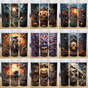 K&ouml;nnte beinhalten: Satz von sechs Edelstahl-Bechern mit verschiedenen Halloween-Designs. Die Designs beinhalten ein gruseliges Schloss, einen K&uuml;rbis mit einem b&ouml;sen Grinsen, einen Sch&auml;del mit leuchtenden Augen, ein Monster mit scharfen Z&auml;hnen, einen Sensenmann und ein Pferd, das durch einen Wald rennt.