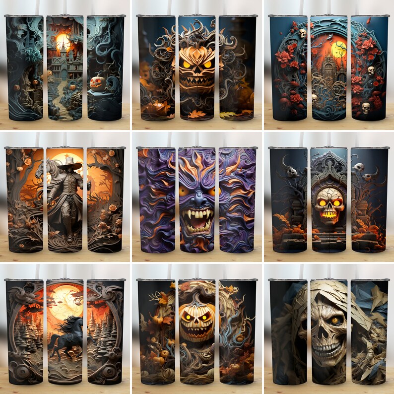 K&ouml;nnte beinhalten: Satz von sechs Edelstahl-Bechern mit verschiedenen Halloween-Designs. Die Designs beinhalten ein gruseliges Schloss, einen K&uuml;rbis mit einem b&ouml;sen Grinsen, einen Sch&auml;del mit leuchtenden Augen, ein Monster mit scharfen Z&auml;hnen, einen Sensenmann und ein Pferd, das durch einen Wald rennt.