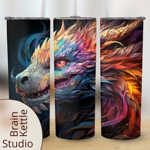 May include: Three colourful dragon head designs on black tumbler cups. The dragon's scales are iridescent and have a rainbow effect. The dragon's eyes are red.