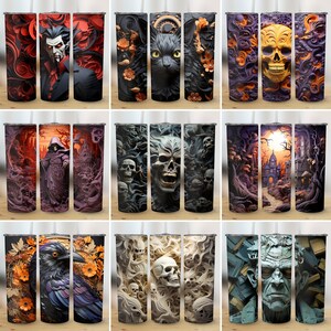 K&ouml;nnte beinhalten: Set mit 12 Edelstahl-Bechern mit verschiedenen gruseligen Halloween-Designs. Die Designs beinhalten einen Sch&auml;del, eine schwarze Katze, eine Kapuzenfigur, einen Raben und ein Monster. Die Becher sind perfekt f&uuml;r hei&szlig;e oder kalte Getr&auml;nke.