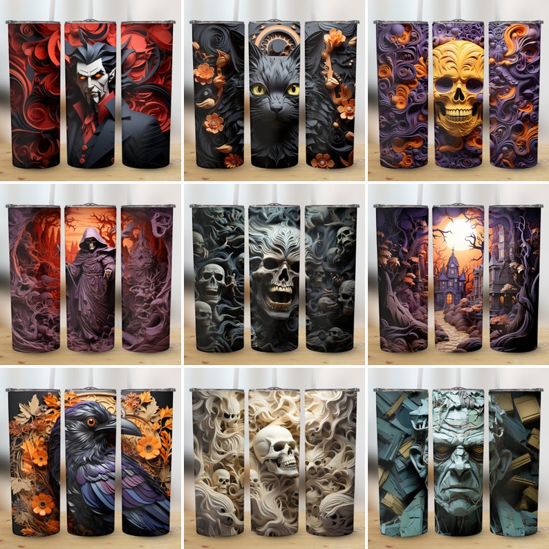 K&ouml;nnte beinhalten: Set mit 12 Edelstahl-Bechern mit verschiedenen gruseligen Halloween-Designs. Die Designs beinhalten einen Sch&auml;del, eine schwarze Katze, eine Kapuzenfigur, einen Raben und ein Monster. Die Becher sind perfekt f&uuml;r hei&szlig;e oder kalte Getr&auml;nke.