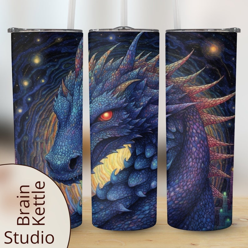 May include: A blue and purple dragon with red eyes is depicted against a dark blue background with stars. The dragon's scales are detailed and textured. The image is suitable for a tumbler or mug.
