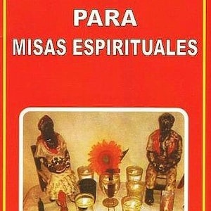 May include: A red book cover with the title "CANTOS PARA MISAS ESPIRITUALES" in white text. The cover also features a photo of two figures, a flower, and candles.