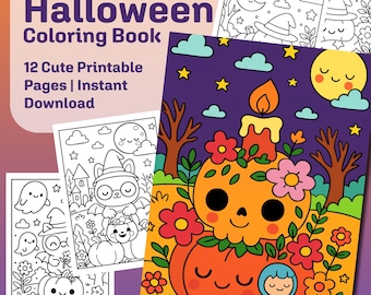 Kawaii Halloween Coloring Book Printable | Pumpkins and Witches | Kids & Adults | Digital Download
