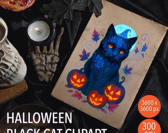 Black Cat Clipart PNG | Witch Cat & Pumpkins | Spooky Halloween Art | Instant Download)