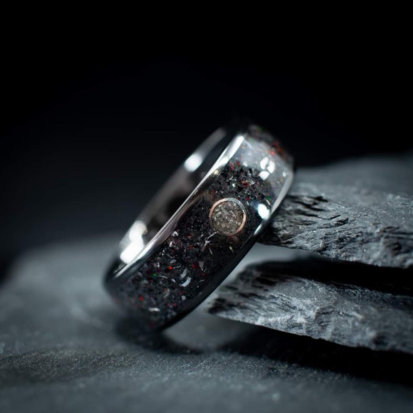 The Eclipse Handmade glow in the dark moon rock, meteorite, obsidian and opal ring