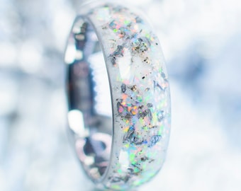 Meteorite Opal Ring: Angel Nebula Glow in the Dark, Handmade Tungsten Carbide