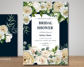 DIGITAL | Navy Blue & White Floral Invitation | Bridal Shower | Wedding| Baby Shower| Customizable | White Roses | Dark Blue