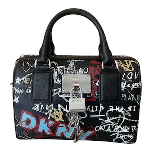 NEW Designer DKNY Graffiti Logo Lock Mini Tote Bag w/ Removable Shoulder Bag