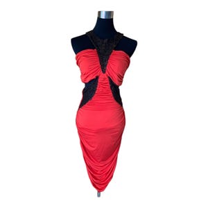 Vintage 2000s Y2K Bebe Red Cut-Out Sleeveless Asymmetrical Ruched Bodycon Dress S/M