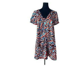 Raro abito midi geometrico vintage anni 2000 Y2K: stile t-shirt colorata boho, tasche