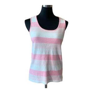 Vintage 80s Racerback Tank Top Sleeveless Striped Pink & White Cotton S/M