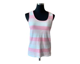 Vintage 80s Racerback Tank Top Sleeveless Striped Pink & White Cotton S/M