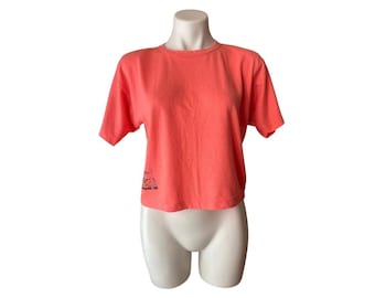 Women’s Vintage 80s Boho Retro Cropped Short Sleeve Shirt Shoulder Pads Pink Cotton S/M