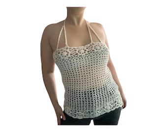Y2K Crochet Halter Top: Cream White Lace Floral Organic Cotton