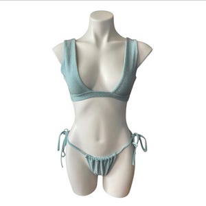 NWT RARE Vintage 2000s Y2K Bikini Halter Top Brazilian Bottoms Sparkly Blue S/M