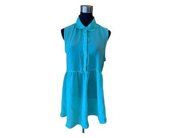 Vintage Y2K Teal Sheer Chiffon Sleeveless Babydoll Blouse Button Down Front Ruffled Hem