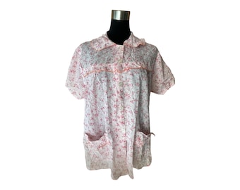 RARE Vintage 80s Cotton Pink Floral Button Up Blouse Pockets Ruffle Trimmings S/M