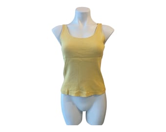 Camiseta sin mangas vintage de los 90, amarilla, de canalé, de algodón orgánico, con escote redondo, talla S/M