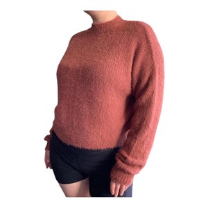 May include: A rust-colored, mock neck sweater with long sleeves. The sweater has a fuzzy texture and a cropped hemline. The model is wearing black shorts. The sweater is a cozy and stylish garment.