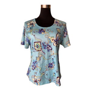 Vintage 90s/2000s Blue & Purple Floral Patterned Print Short Sleeve T-Shirt Y2K Style S/M